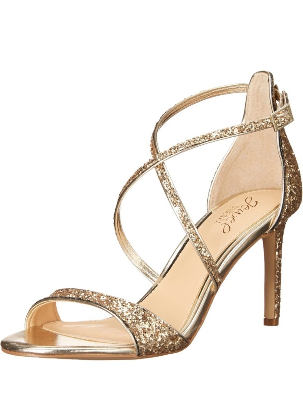 Jewel Badgley Mischka Dimitra Gold Sequin Cross Strap Stiletto Heeled Sandal